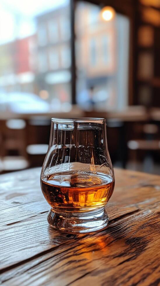 A glass of whiskey sitting on a wooden table photo