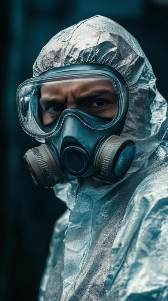 A man in a protective suit and gas mask photo