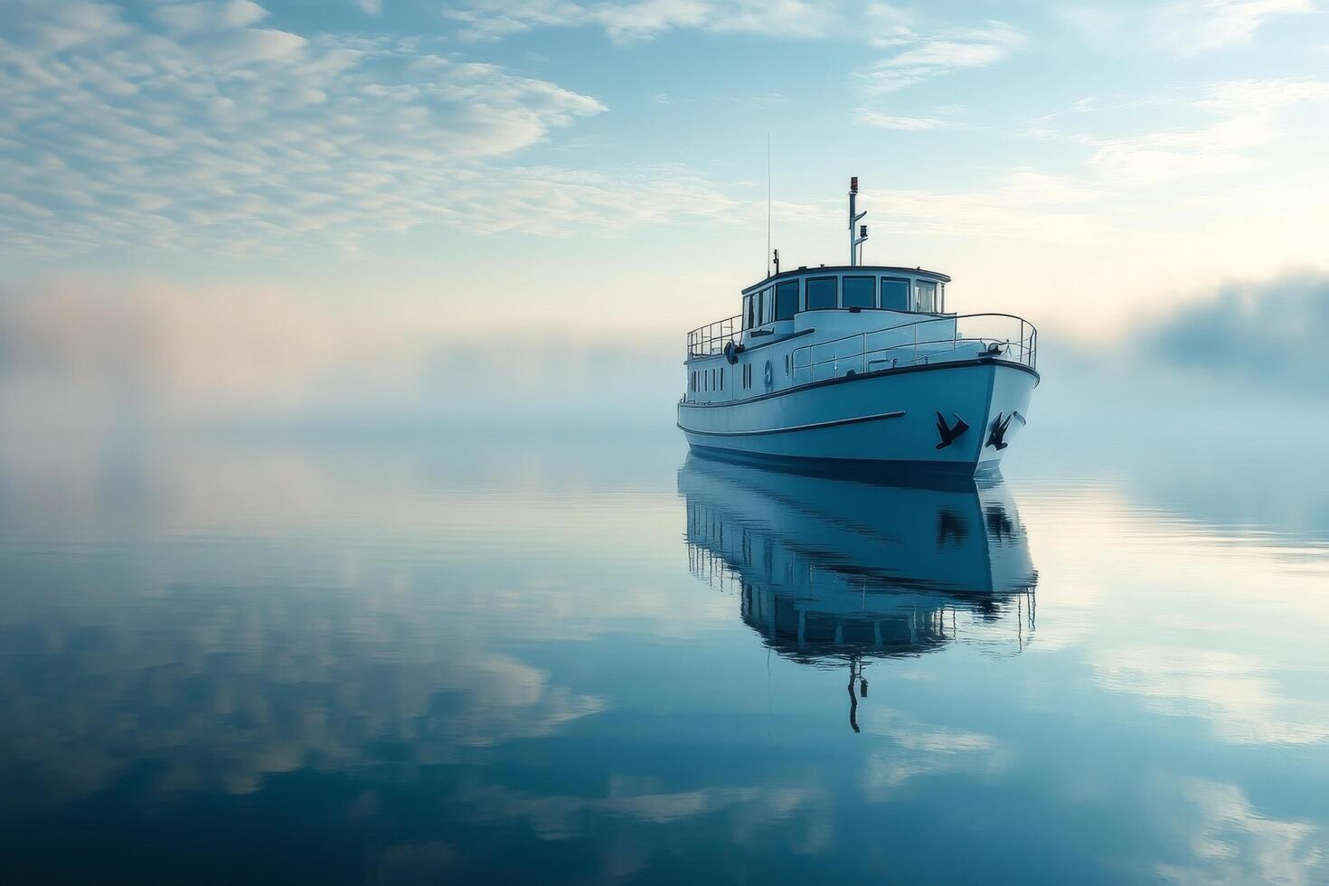 A boat is floating in the water on a foggy day photo