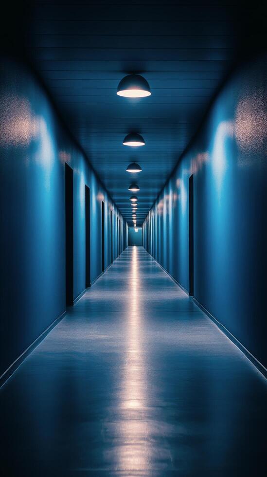 A long hallway with blue walls and lights photo
