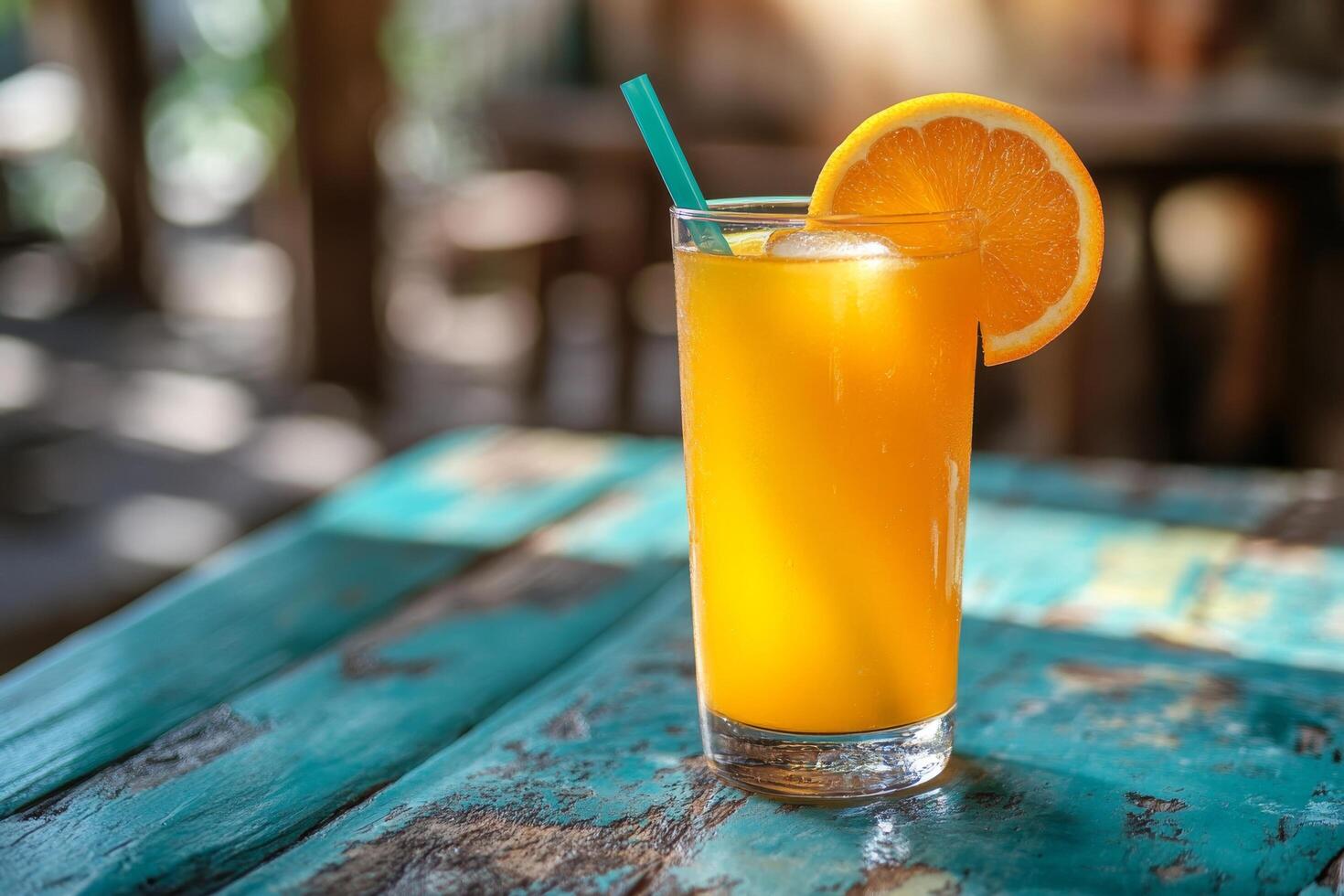 Orange juice with a straw on a wooden table photo
