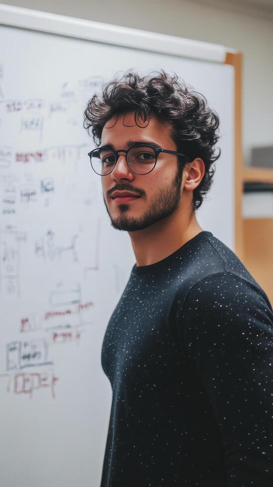 A man in glasses standing in front of a whiteboard photo