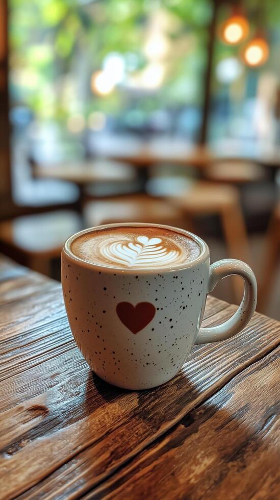 A cup of coffee with a heart on it sits on a table photo