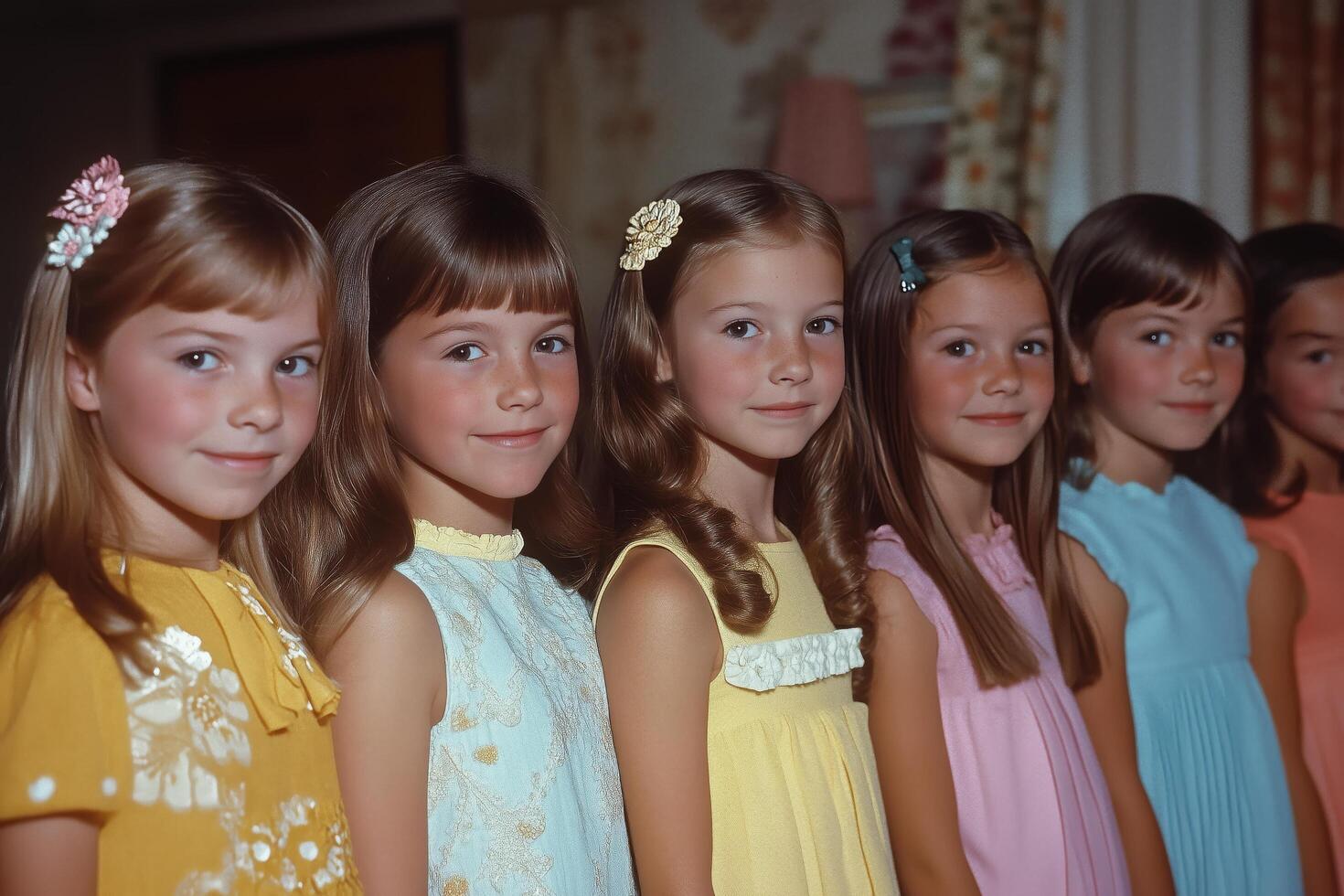 A group of young girls in dresses and hair clips photo