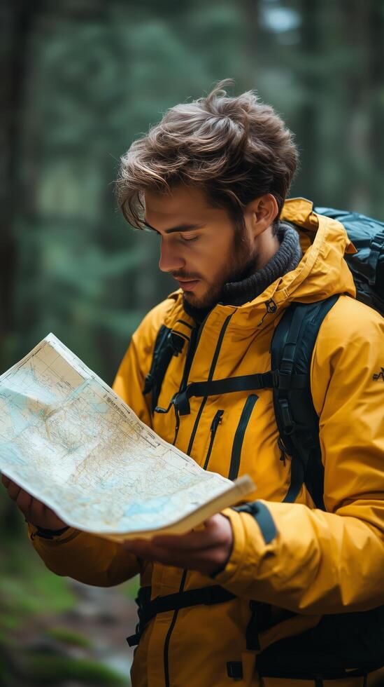 Man in yellow jacket looking at map in forest photo