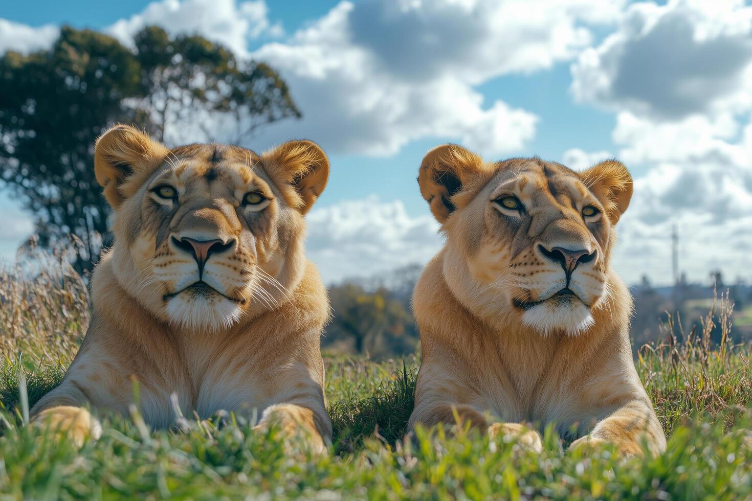 Two lions sitting in the grass on a sunny day photo