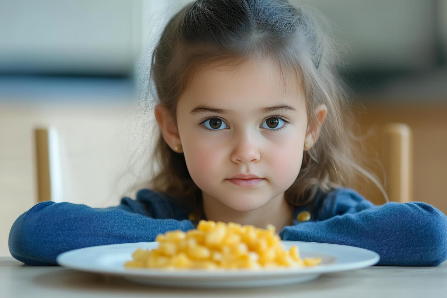 A young girl sitting at a table with a plate of macaroni photo