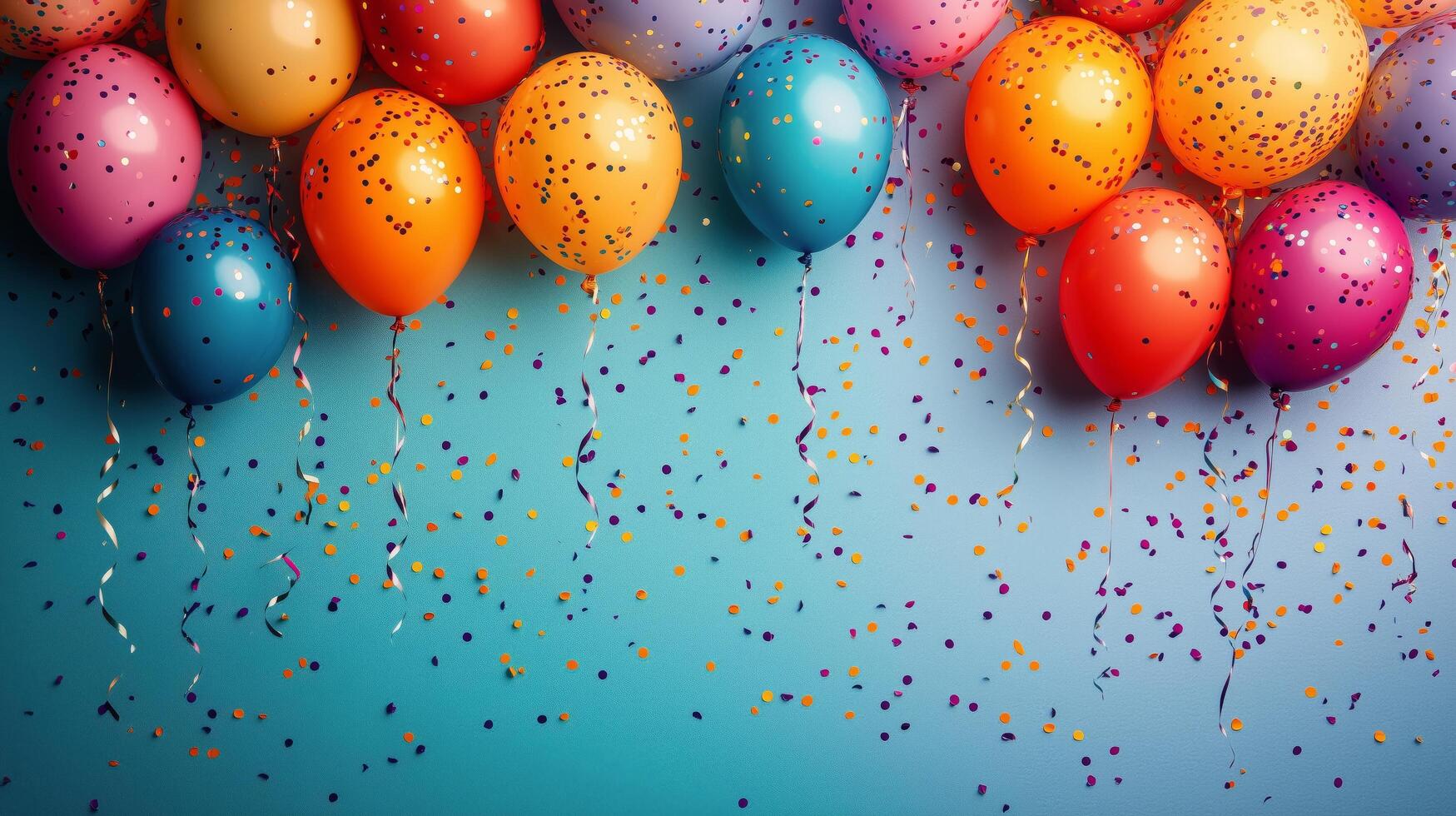 Colorful balloons and confetti on a blue background photo