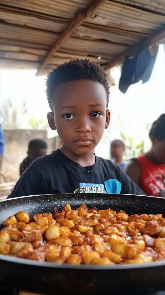 A young boy is standing in front of a pan of food photo