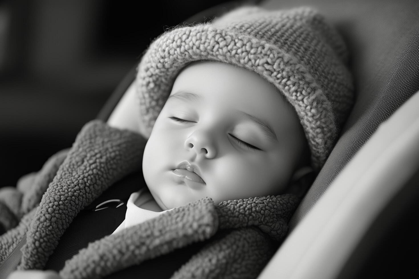 A black and white photo of a baby sleeping in a car seat