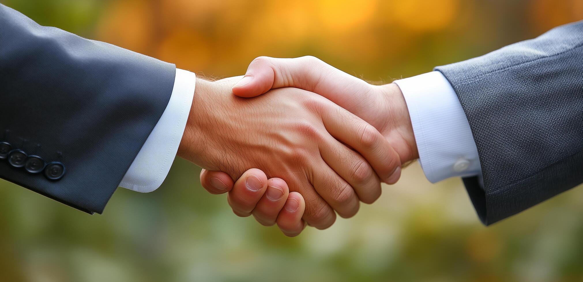 Two business people shaking hands over a blurred background photo