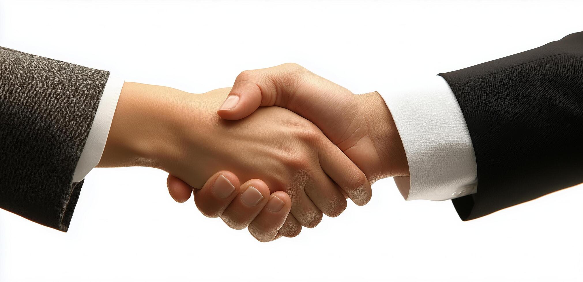 Two business people shaking hands over a white background photo
