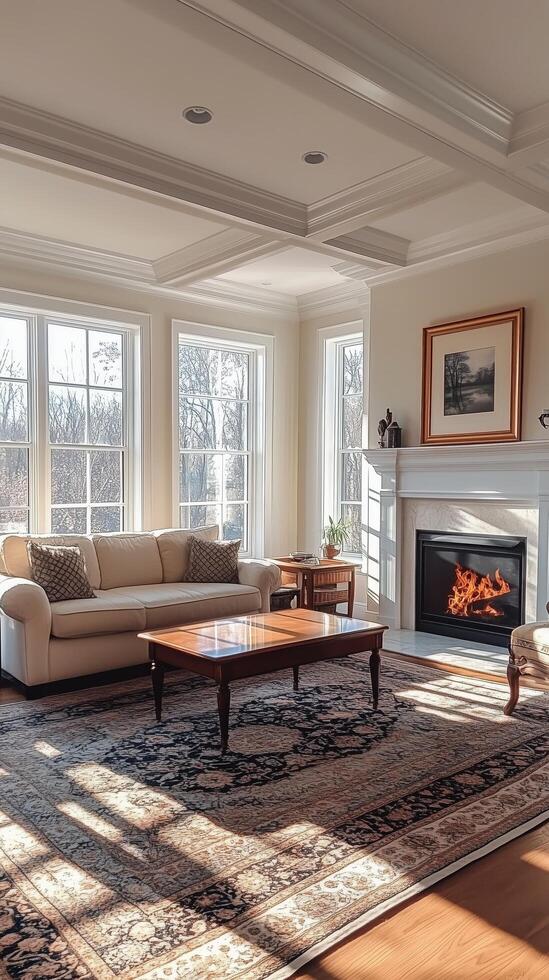A living room with a fireplace and couches photo