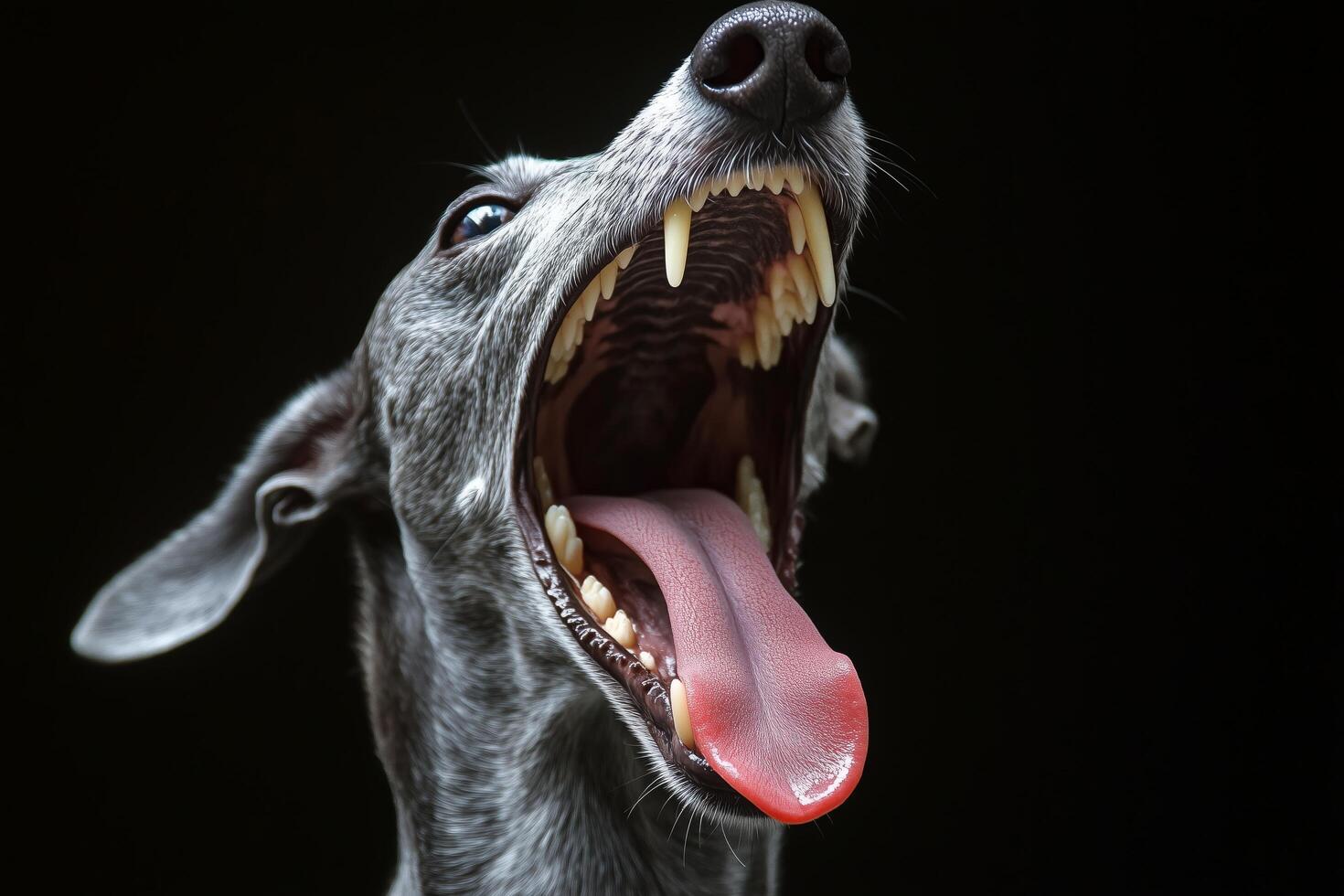 A grey dog with its mouth open and its mouth open photo
