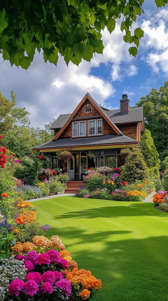 A beautiful house with a lush green lawn and colorful flowers photo