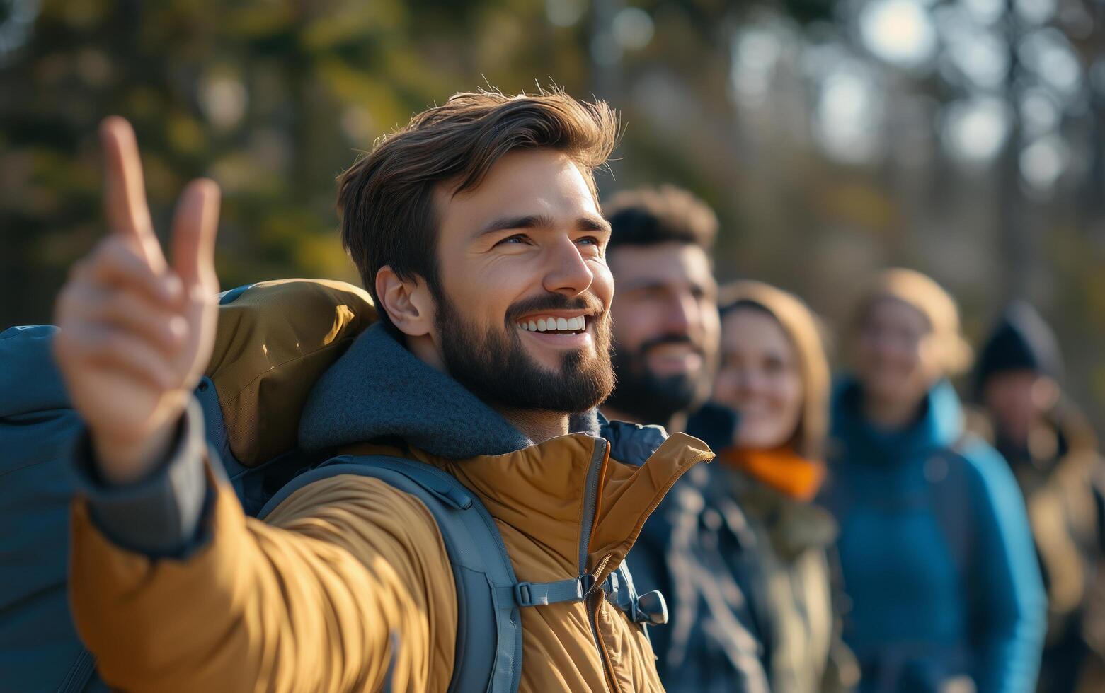 A group of people with backpacks and a man with a beard photo