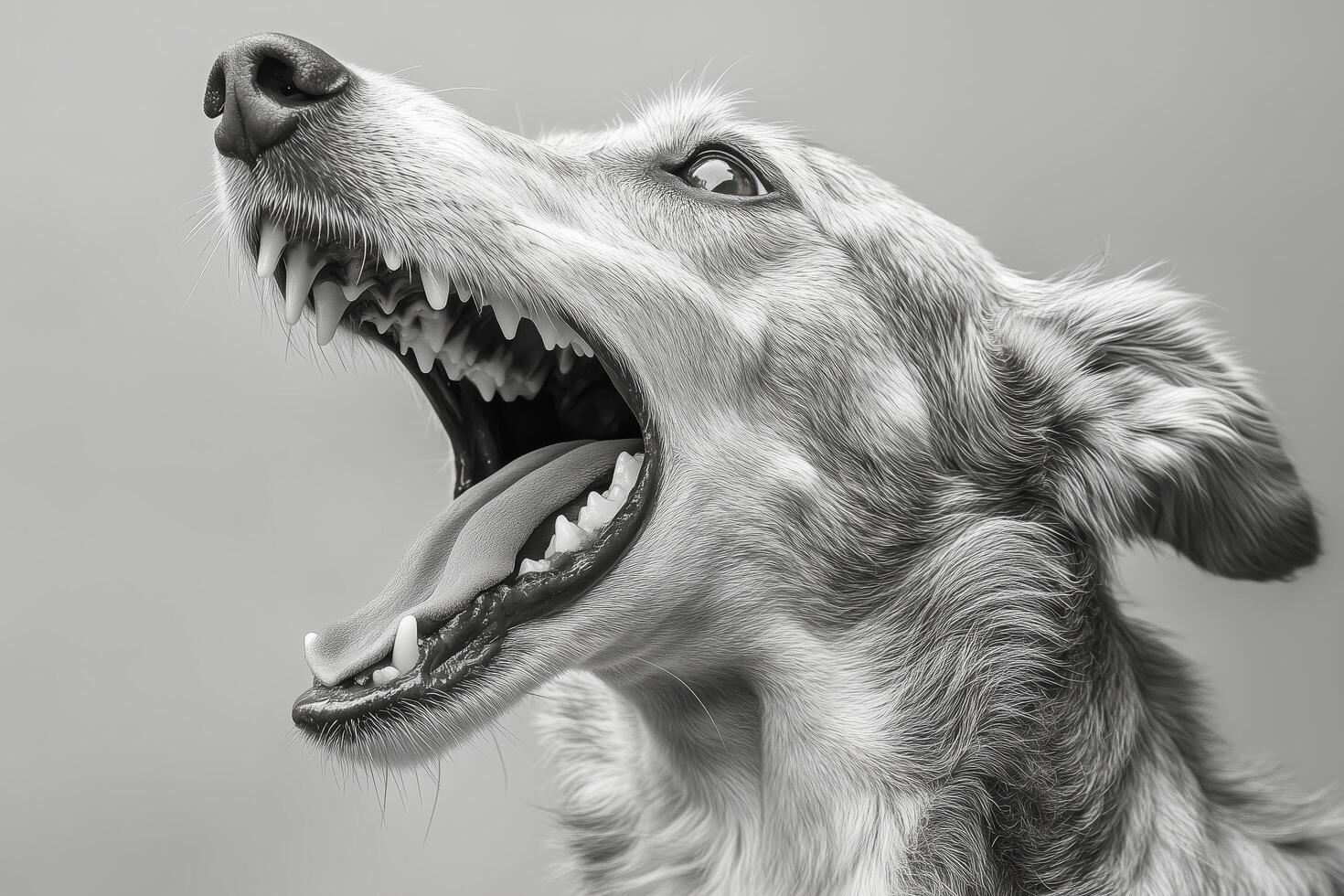A dog with its mouth open and its teeth showing photo