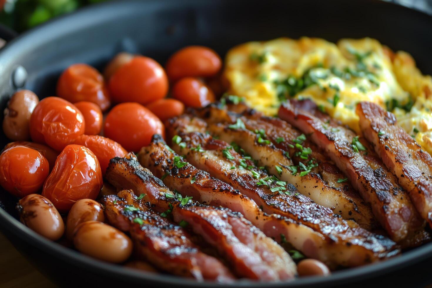 A pan with bacon, eggs, tomatoes and potatoes photo