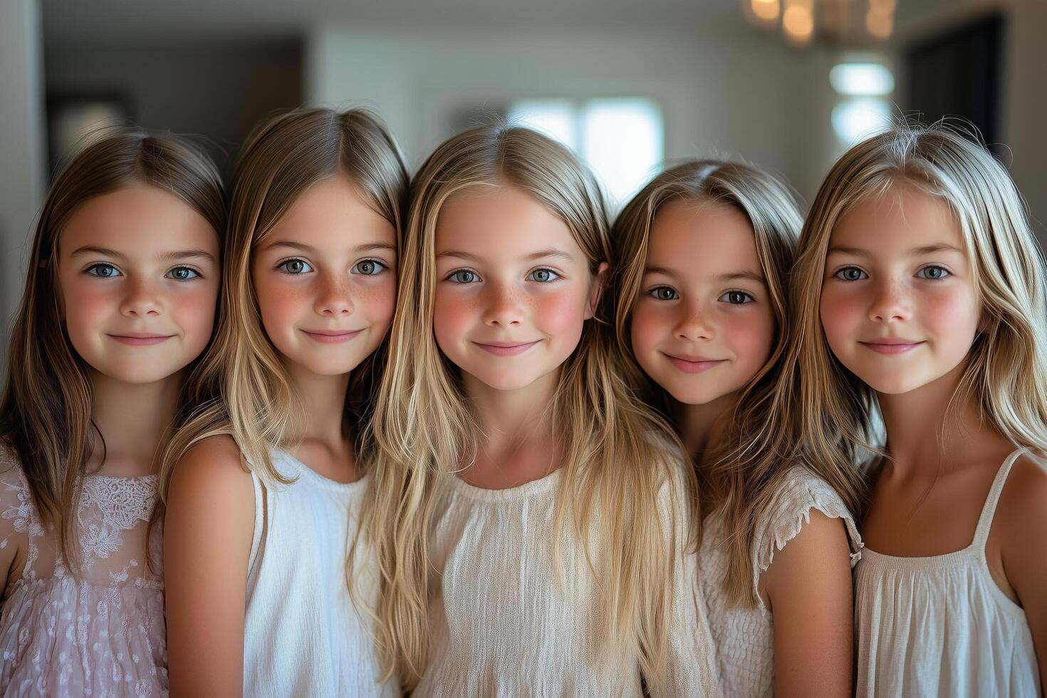 Five little girls in white dresses posing for a picture photo