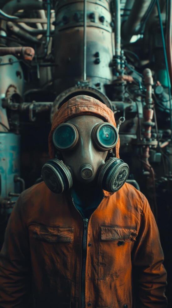 A man wearing a gas mask in front of a factory photo
