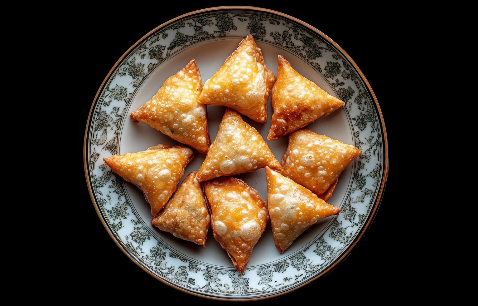 A plate of small triangles of food on a black background photo