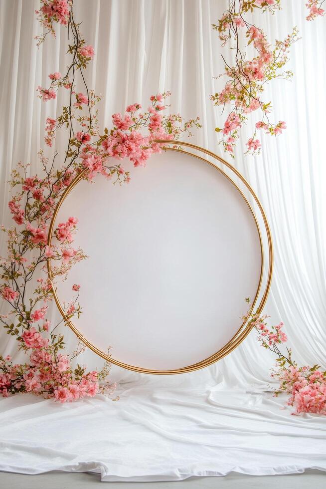 A white backdrop with pink flowers and a round frame photo