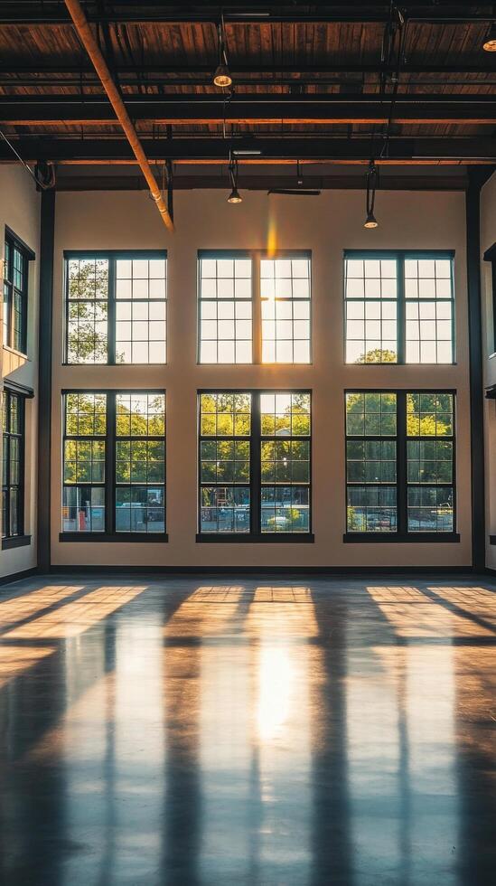 An empty warehouse with large windows and a sun shining through photo