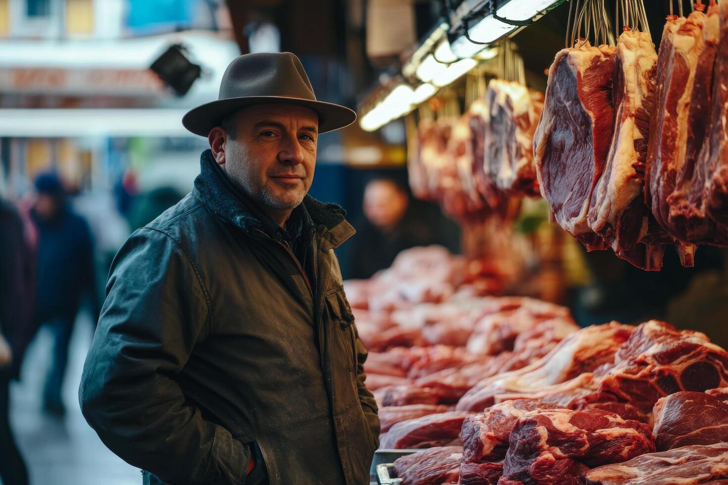 A man in a hat standing in front of meat photo