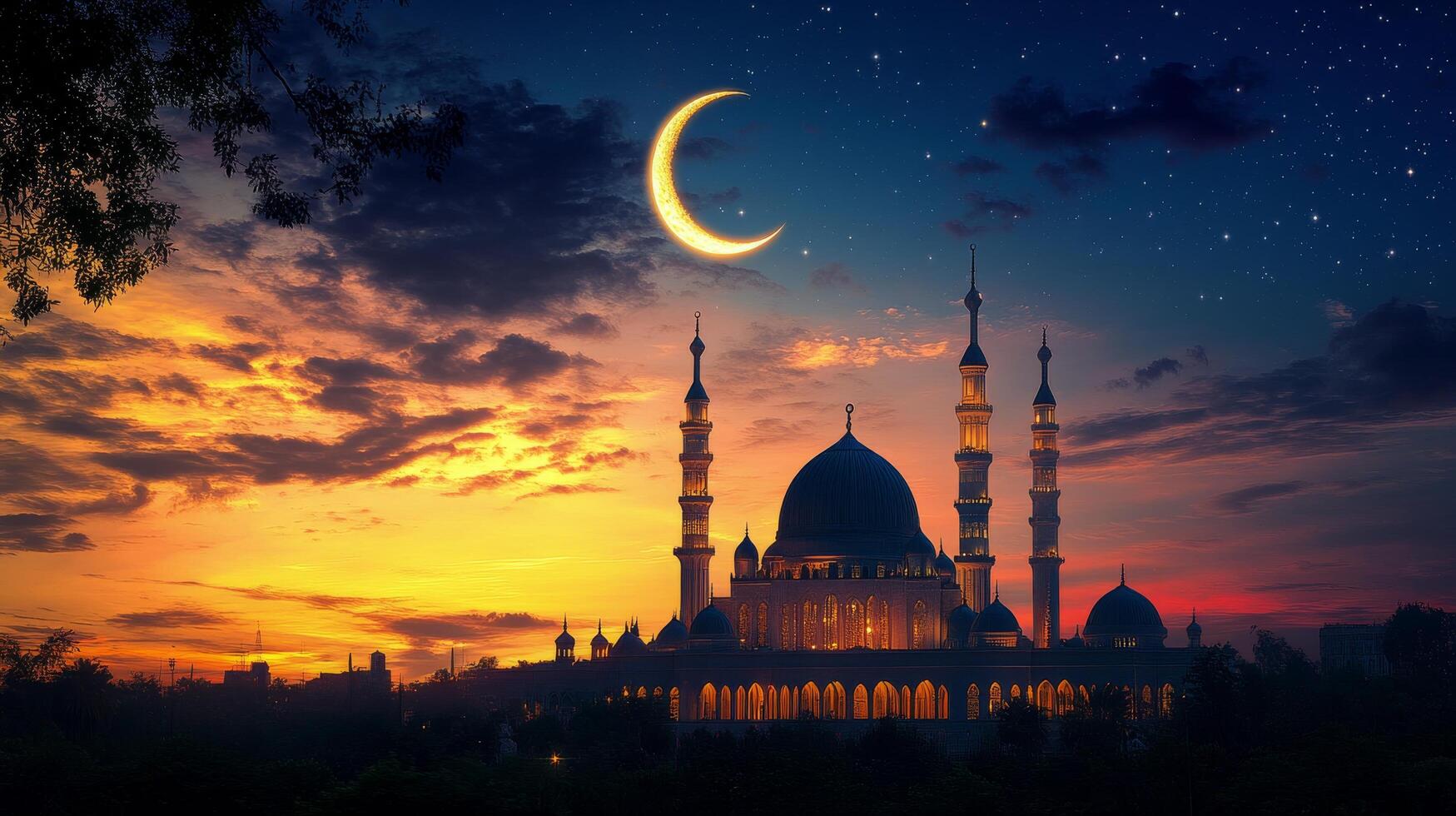 The moon and a mosque are seen in the sky at sunset photo