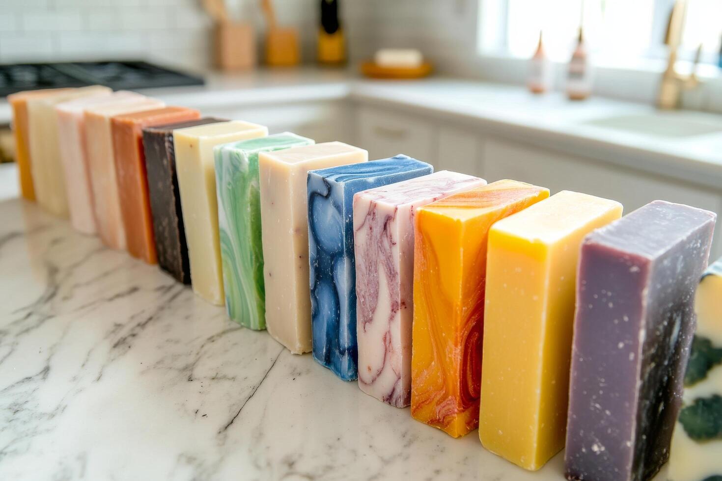 A row of colorful soap bars on a counter photo