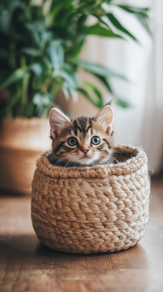 A kitten sitting in a basket on a wooden floor photo