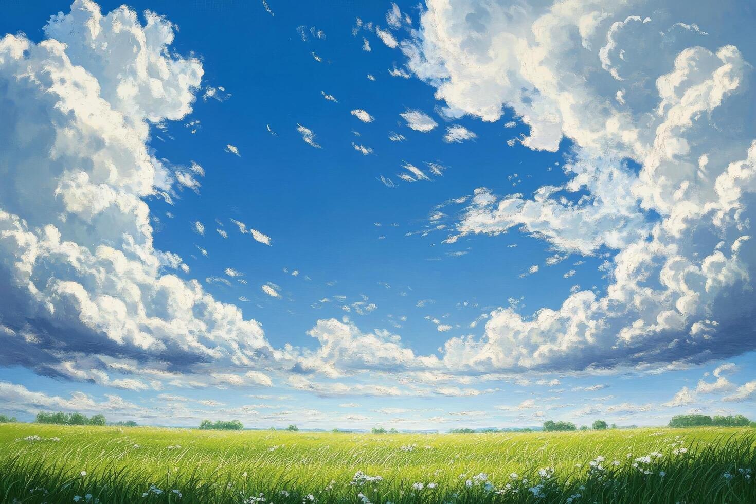An anime painting of a field with clouds above it photo