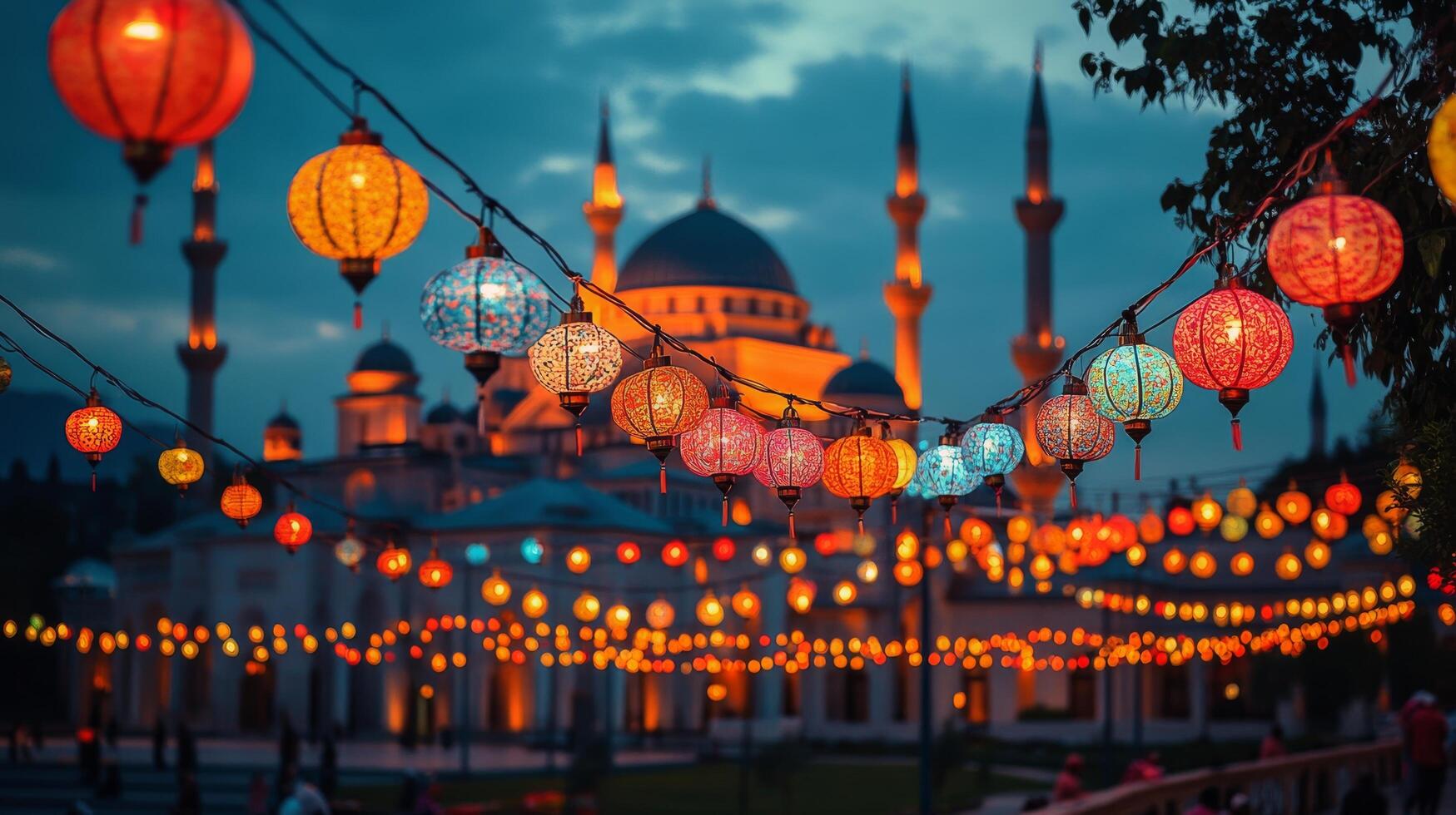 Colorful lanterns hanging over a mosque photo