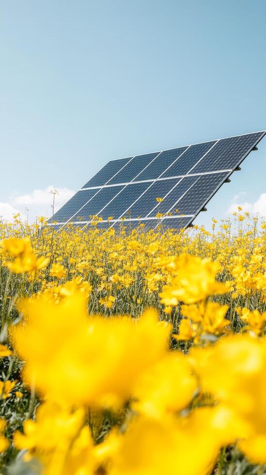 A solar panel is in a field of yellow flowers photo