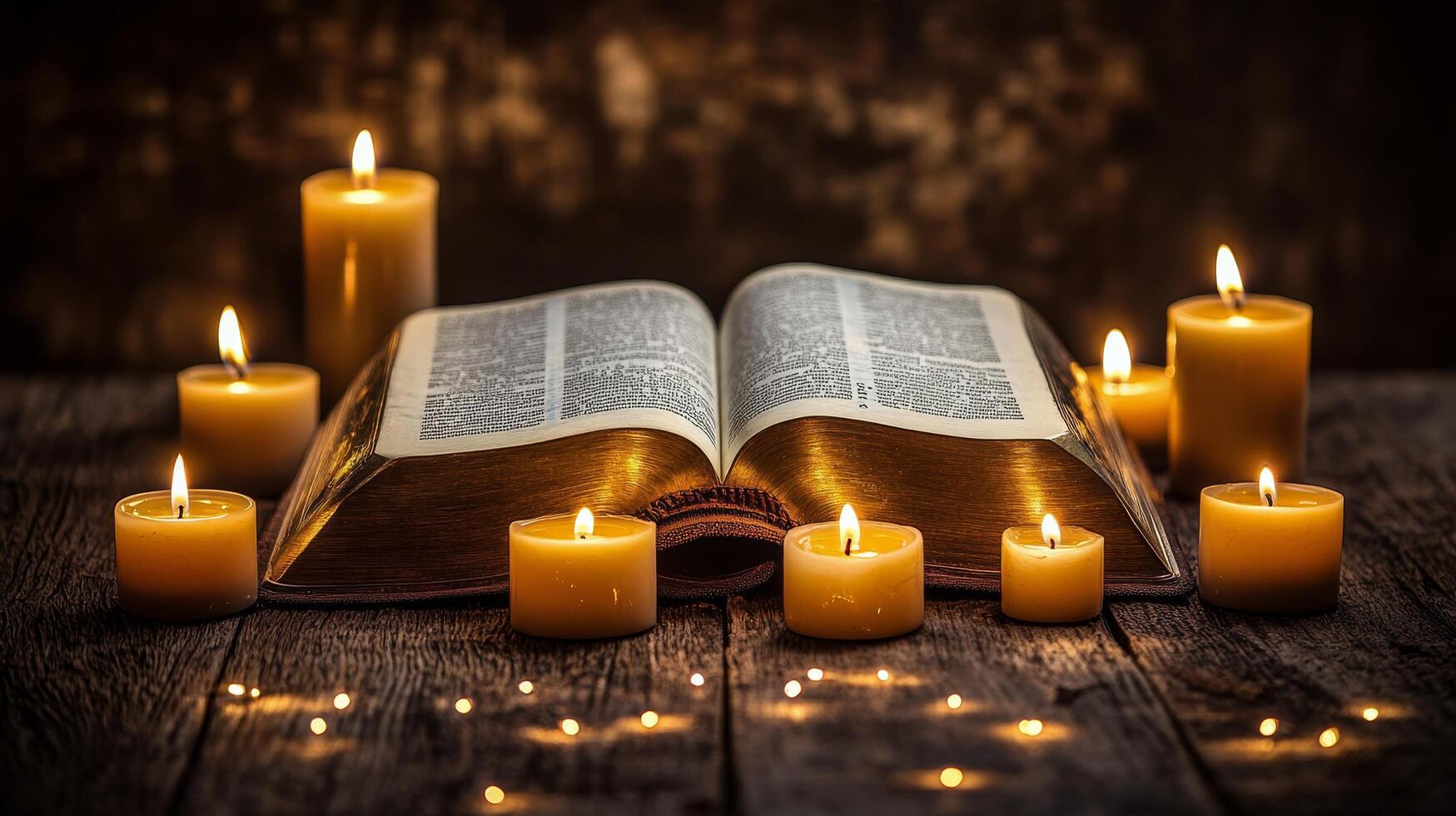 An open bible with candles on a wooden table photo