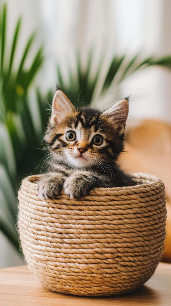 A small kitten sitting in a basket on a table photo