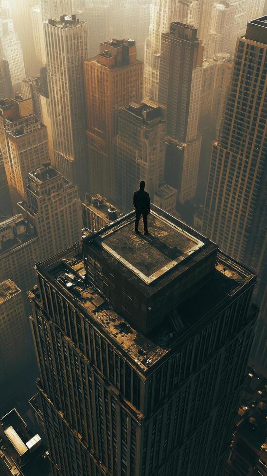 A man stands on top of a building photo