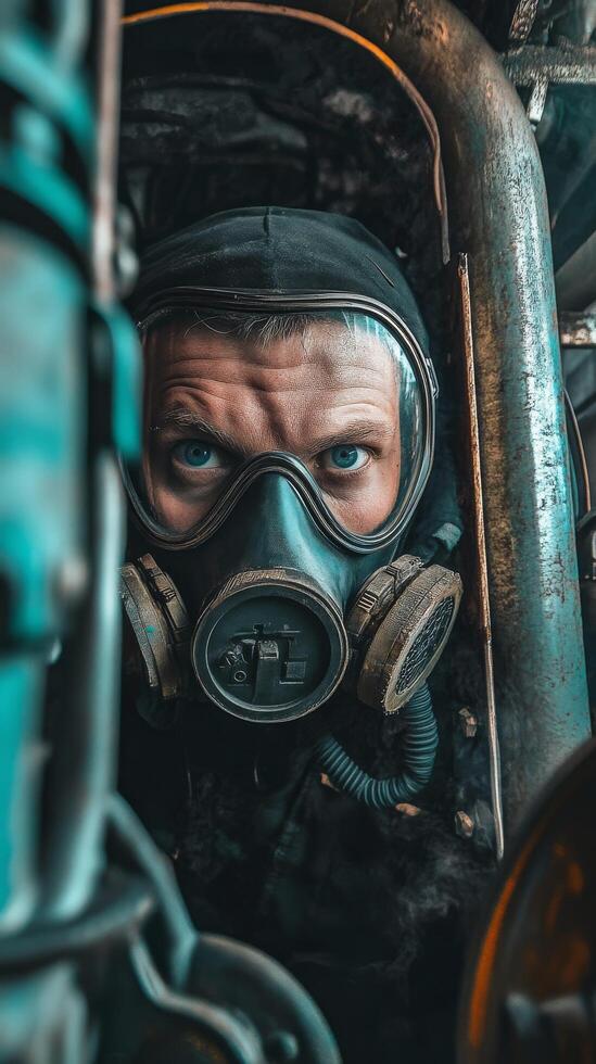 A man wearing a gas mask and looking through the window of an old car photo