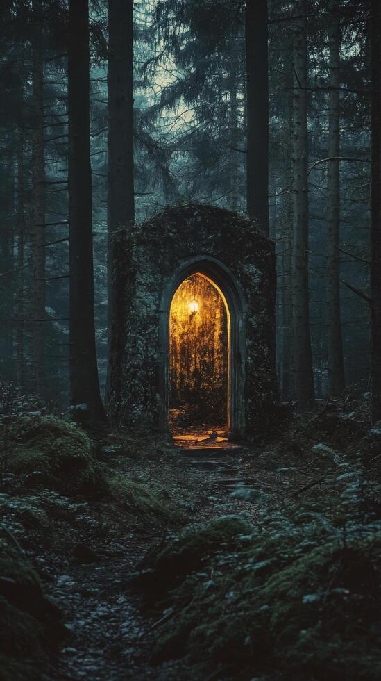 A dark tunnel in the woods with a light coming from it photo