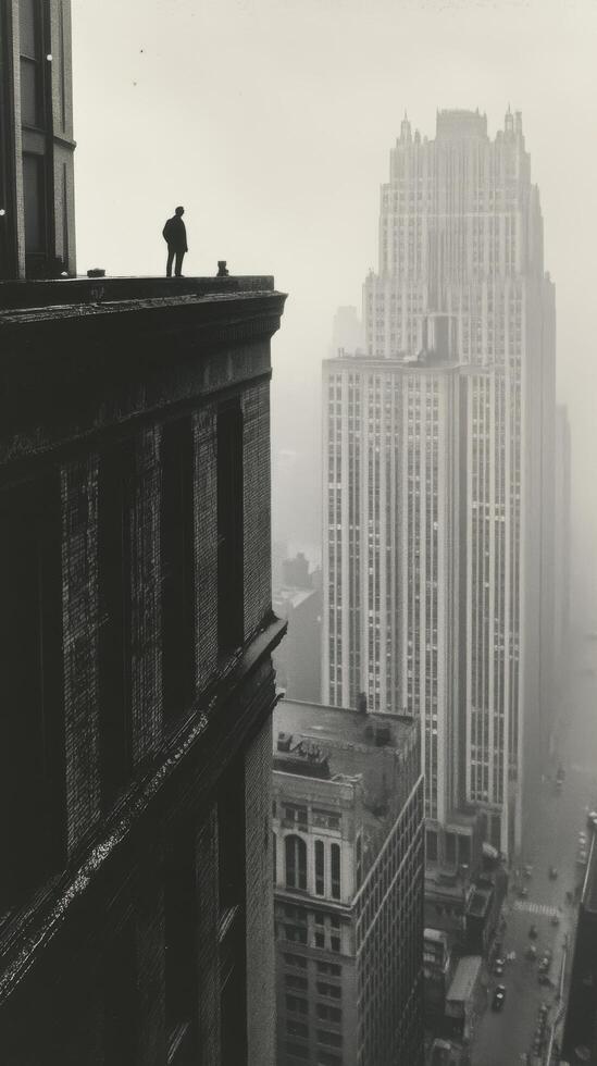 A man stands on the edge of a building in the fog photo
