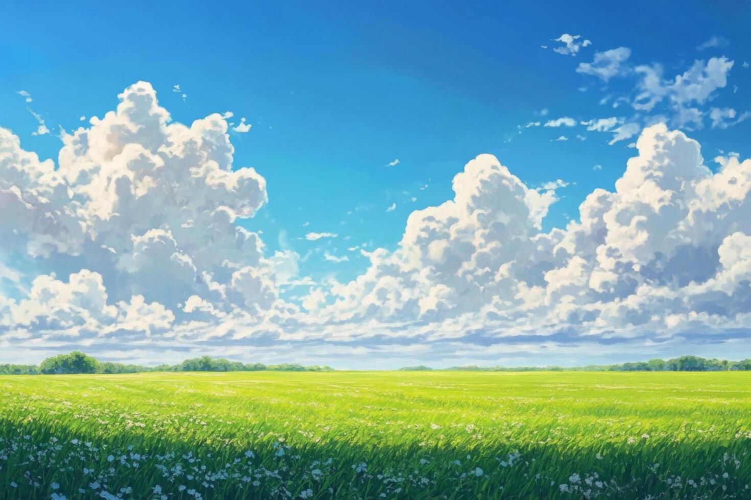 An anime painting of a green field with clouds photo