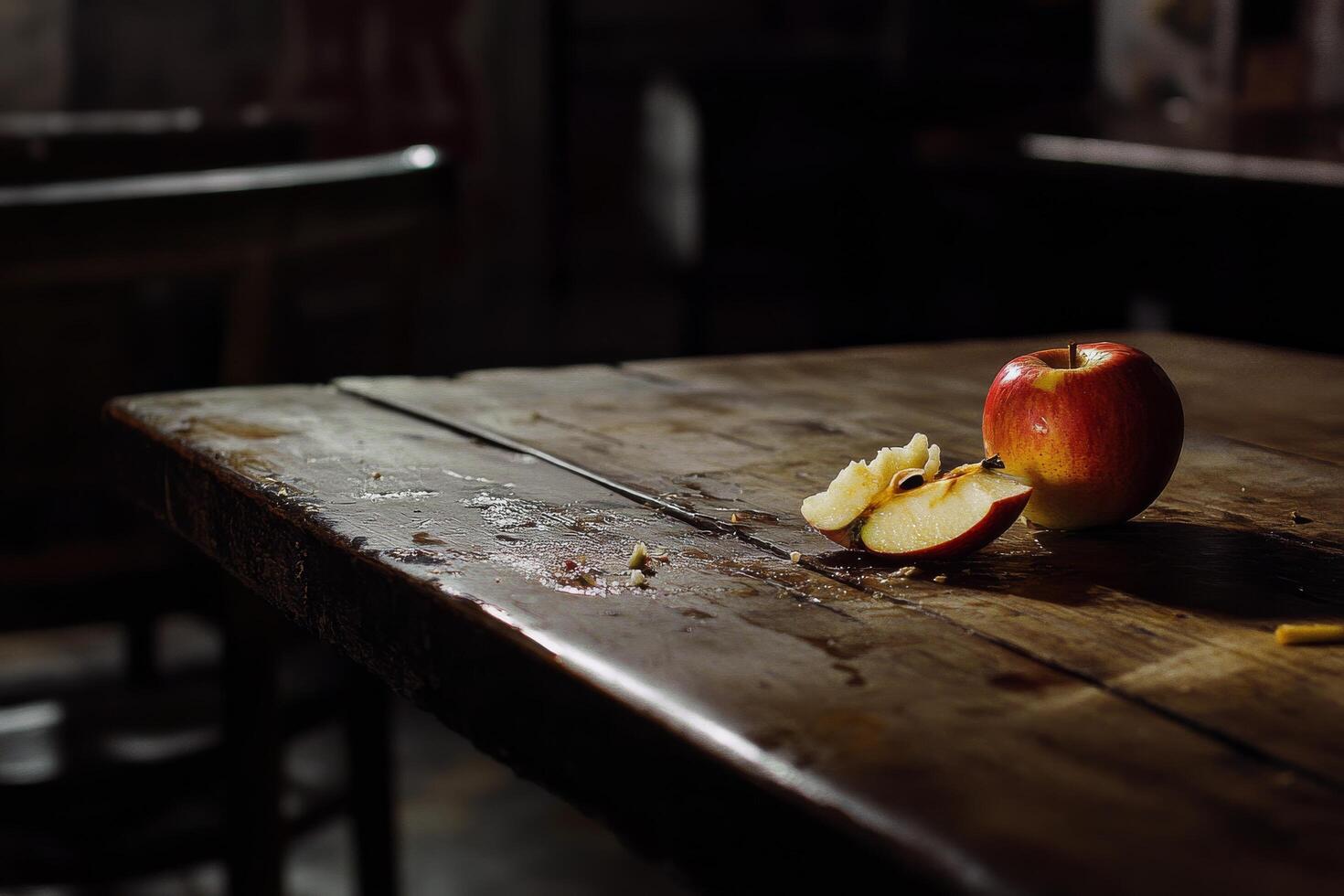 A table with a half eaten apple on it photo