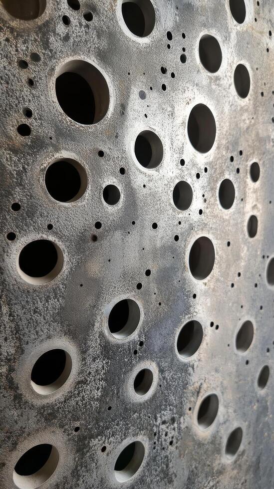 A close up of a metal wall with holes photo