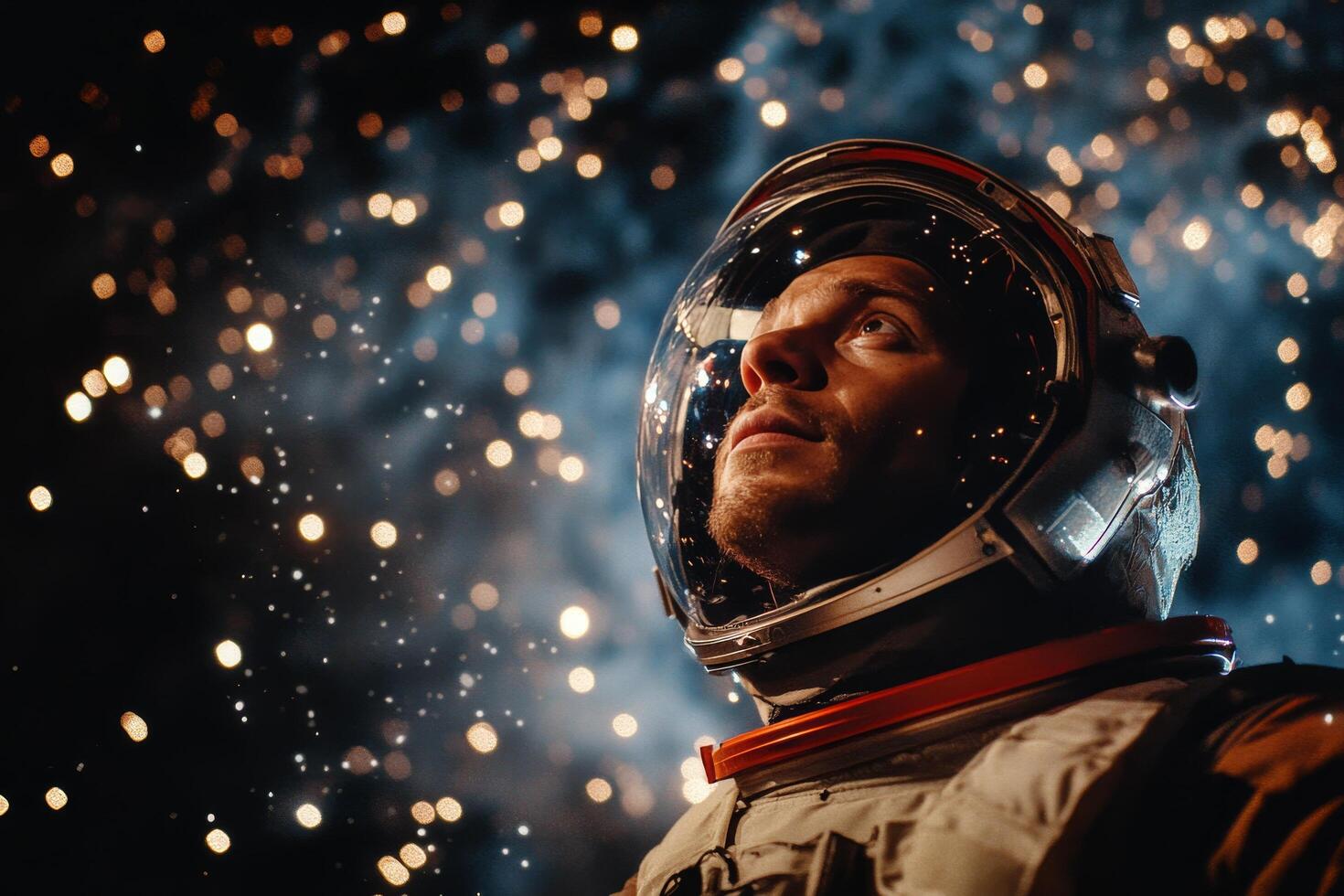 A man in an astronaut suit is looking up at the sky photo