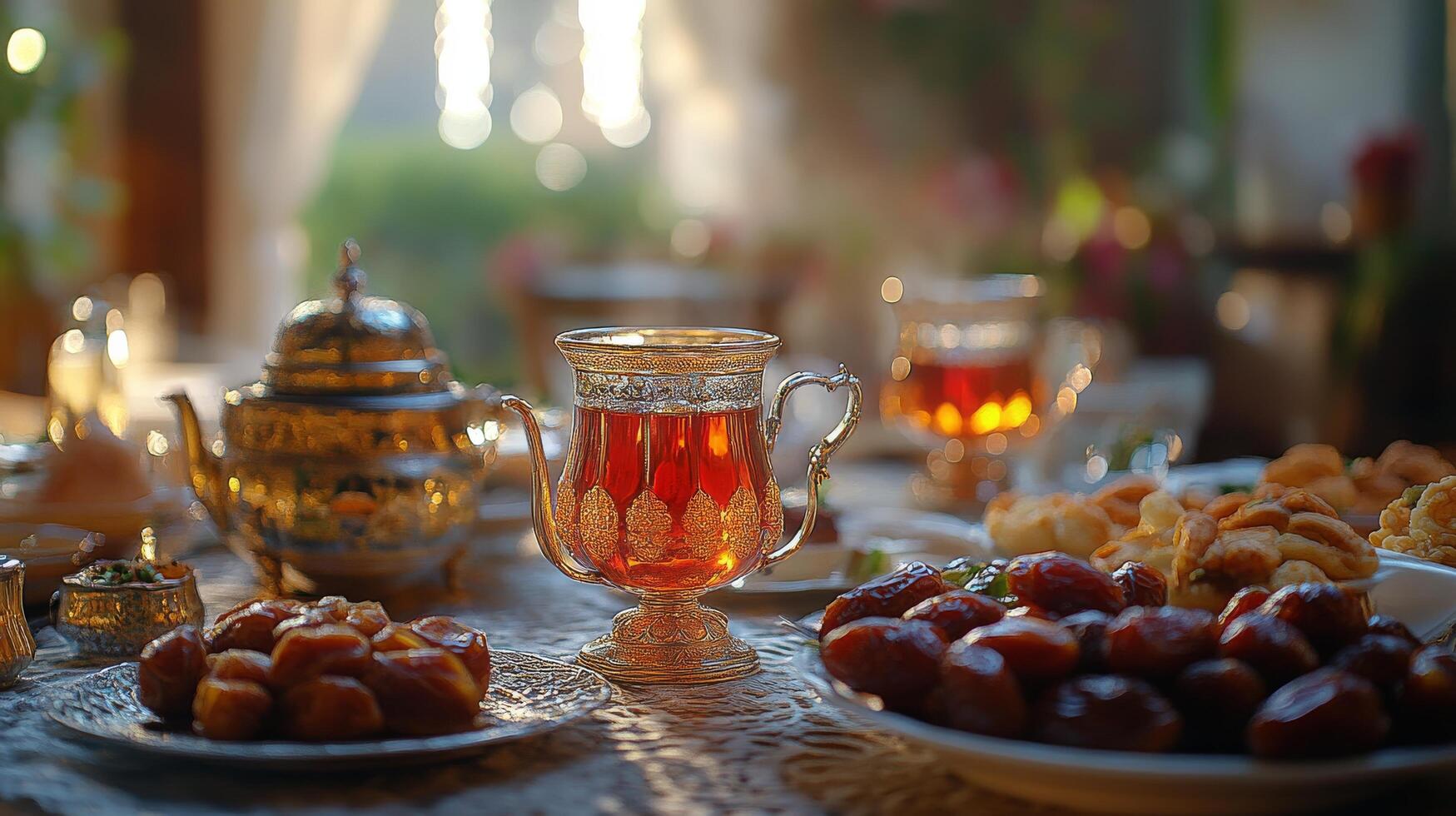 A table with a tea pot and a plate of food photo