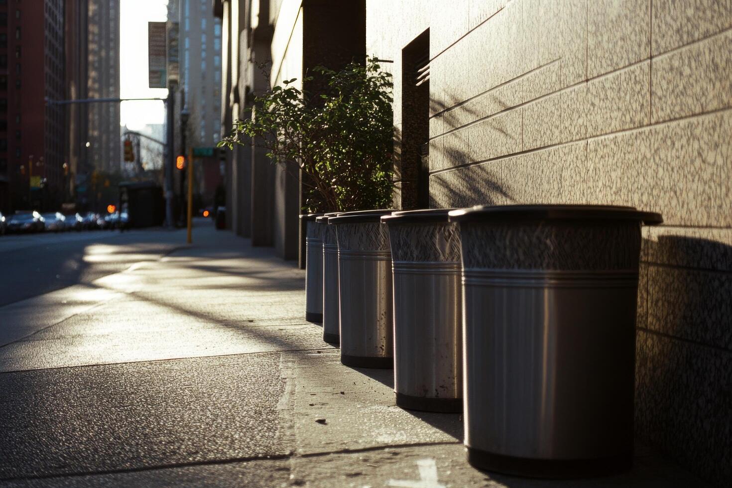 A row of trash cans on a sidewalk photo