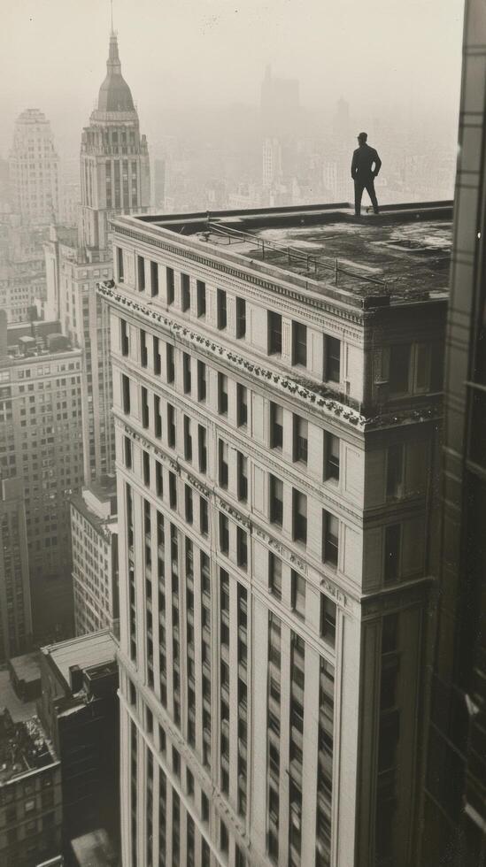 A man standing on the roof of a building photo