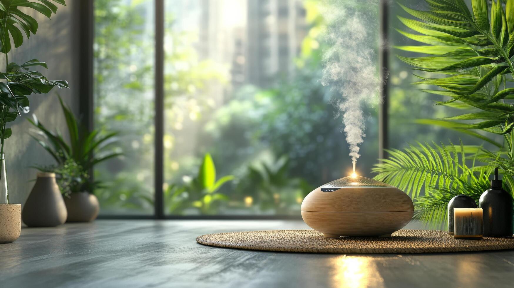 A humidifier in a room with plants and a window photo