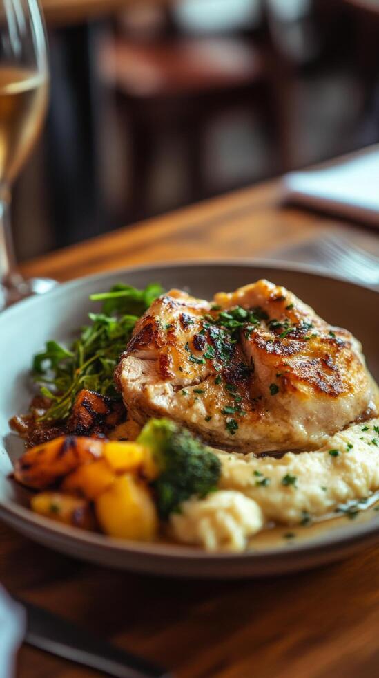 A plate of food with a glass of wine on a table photo
