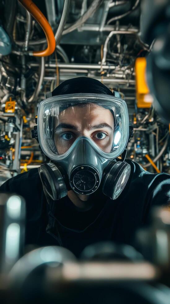 A man wearing a gas mask in a factory photo